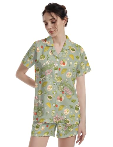 Image of Funny Pajamas for Women Set Print Satin Loungewear Pjs Short Sleeve Button Down Top and Shorts Sets Sleepwear XS-3XL