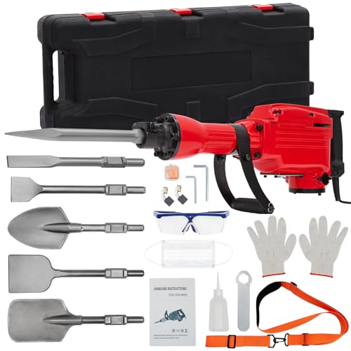 2200W Demolition Jack Hammer, Electric Jack Hammer with 6Pcs Chisels Bit Set, Heavy Duty Power Hammer Metal Concrete Breaker Jack Hammer Electric Tool Kit with Case & Gloves, High Power & Durable