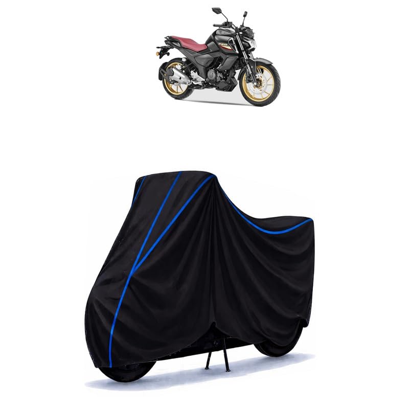 Image of FZ S FI Standard Bike Cover Water Resistant Universal Motorcycle Rain | Heavy Duty UV Protection, Dust, Scratch Indoor Outdoor All Weather with Black Blue Piping Elastic