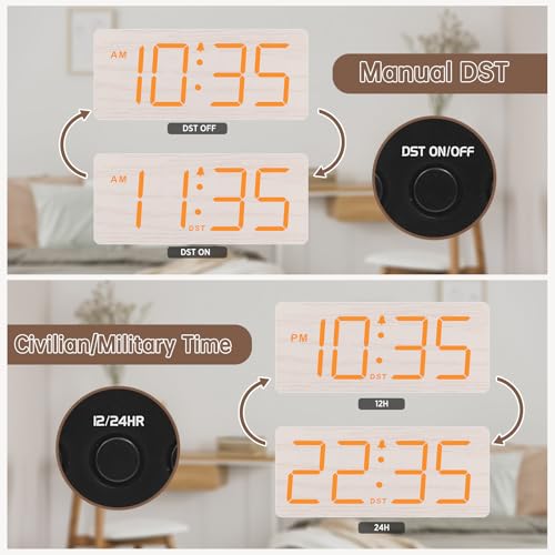 Image of DreamSky Wooden Digital Alarm Clock for Bedroom with Large Numbers | Loud Alarm Clock for Heavy Sleepers with Volume Control, Desk Clocks for Living Room, Dimmer, DST, Wood Decor (Plug in Clock)