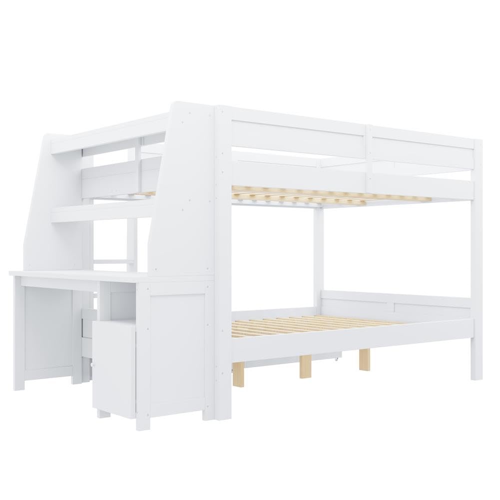 Merax Grand lit superposé 140 x 200 cm avec armoire latérale intégrée (déplacement gauche/droite), bureau, étagère, tiroirs - Blanc (sans matelas)