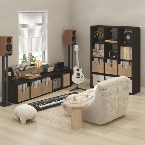 Image of Furinno Cubicle Record Player Stand, 12-Cube Record Storage, Dark Oak | Vinyl Storage, 1.2 inchInch Extra Thick, Open Back Media Shelf for CD DVD Bluray Game Disc, for Living Room, Home Office