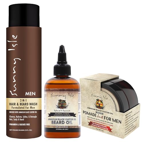 Sunny Isle JBCO 2-N-1 Hair & Beard Wash Formulated for Men 12oz with Beard Oil and Pomade 4oz Set