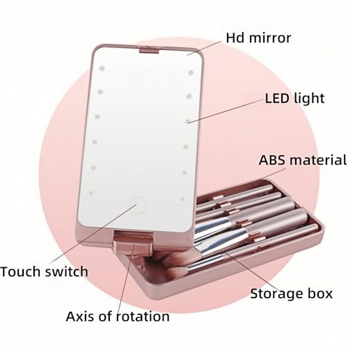 LuyaVogue LED Makeup Mirror with Travel Size Makeup Brushes Set, Easy - Taken Mini Makeup Brush Set with Case and Mirror, Small Complete Function Cosmetic Brushes Kit (Pink,with Brush)
