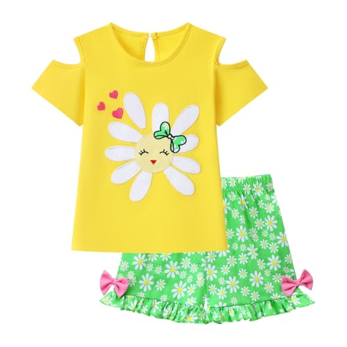 Image of HILEELANG Toddler Girl Summer Short Outfit Sets Cotton Short Sleeve Tops Tees Shorts Clothing Sets