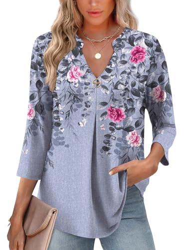 LOMON 3/4 Length Sleeve Womens Tops V-Neck Blouses Dressy Casual Flowy Shirts Business Tunic to Wear with Leggings S-3XL