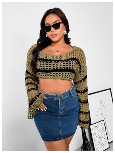 Image of Floerns Women's Plus Size Boat Neck Long Sleeve Hollow Out Crochet Cropped Sweater