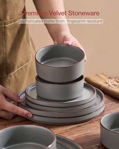 Image of Famiware Nebula Ridge Stoneware Dinnerware Sets for 6, Plates and Bowls Sets, 18 Pieces Dishes Set, Microwave and Dishwasher Safe Kitchen Plates, Dark Gray
