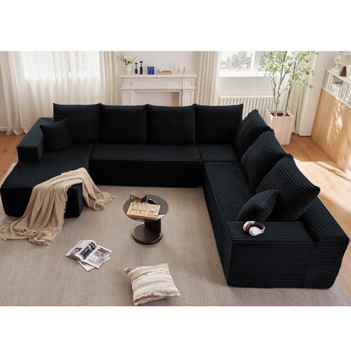 Image of Sectional Cloud Couch with L-Shape Chaise, Upholstered Corduroy Couches Stupendous U Shaped Sofas, Modern Modular Comfy Sofa with Deep Seat for Living Room Bedroom, No Assembly Required, Black