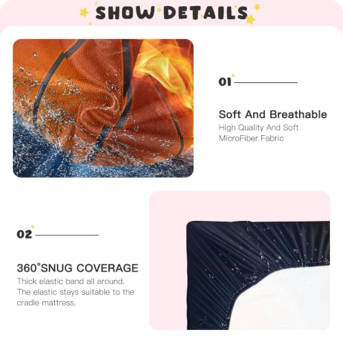 Image of Burning Basketball Crib Sheets Stretchy Portable Sheets for Baby Toddler Breathable Soft Crib Mattress Sheet for Girls Boys