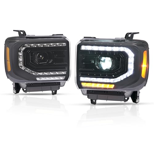 KUAFU Projector Headlights W/C Shape LED Tube Bar Compatible with 2014-2019 GMC Sierra 1500 2500HD 3500HD Replacement for 23130718 23130717 Headlamps Assembly Reflector DRL Clear Lens Black Housing