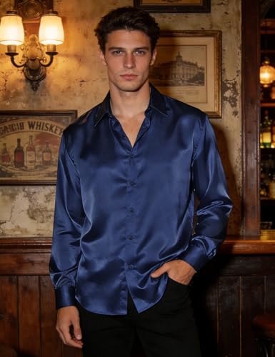 Image of Hi-Tie Men's Silk Satin Dress Shirts Long Sleeve Shiny Casual Button Up Shirts Luxury Party Disco Prom Wedding Shirt
