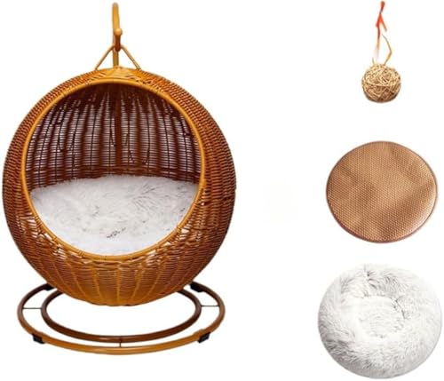 CokBlu猫ちぐら 2in1 猫ハンギングスイング & ドーム型編み籠 プラスチック藤編みラタンかご 大型猫対応 ウレタンクッション付き洗濯可能 通気性良好で通年利用可能 お洒落キャットハウス 屋内屋外兼用 猫の寝台・休憩所に最適