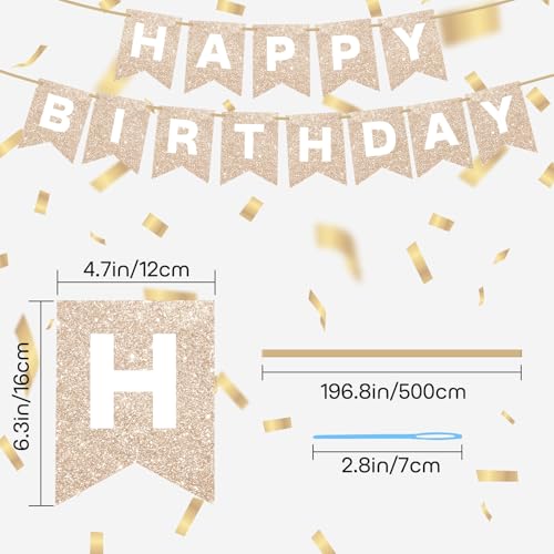 Champagne Gold Glitter Happy Birthday Banner Sign for Backdrop Decorations for Women Girls Classic Golden Birthday Party Supplies Wall Door Garland Bunting