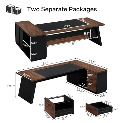 Image of Tribesigns 78 inch L-Shaped Executive Desk, Large Office Desk with Drawers and File Cabinet, Modern Business Furniture for Home Office (Walnut & Black)
