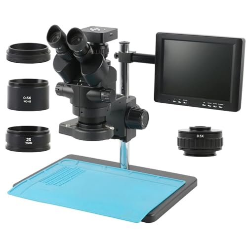 顕微鏡装置 3.5X-90X ズーム同時焦点三眼実体顕微鏡 + 0.5X 2X 1X 補助対物レンズ + HDMI USB VGA カメラ + 8 インチ LCD モニター(34MP HDMI USB)