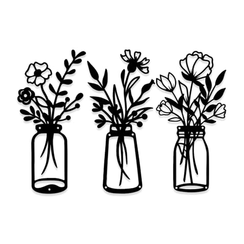 Aikgidtt 3 Pieces Metal Flowers Wall Art Set | Rustic Indoor & Outdoor Wall Decor with Mounting Kit Waterproof Finish for Bathroom Bedroom Living Room | House-Warming Gifts (Black)