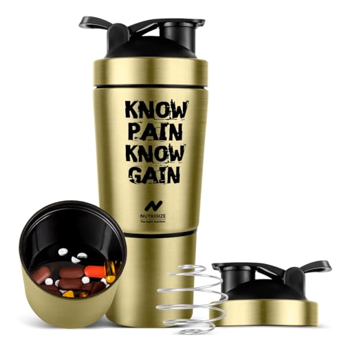 Image of Stainless Steel Shaker Bottle for Protein, 590ml Water Bottle with Extra Compartment | Leak-Proof, BPA-Free, Durable, and Multi-Functional for Protein Shakes (Golden)