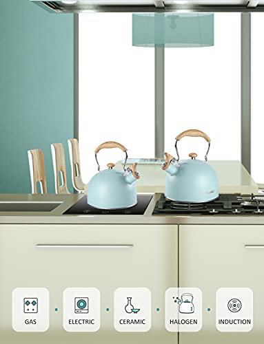 Tea Kettle, Belanko 85 Oz / 2.5 Liter Whistling Tea Kettle, Tea Pots For Stove Top Food Grade Stainless Steel With Wood Pattern Folding Handle, Loud Whistle Kettle For Tea, Coffee, Milk - Turquoise #TOP5