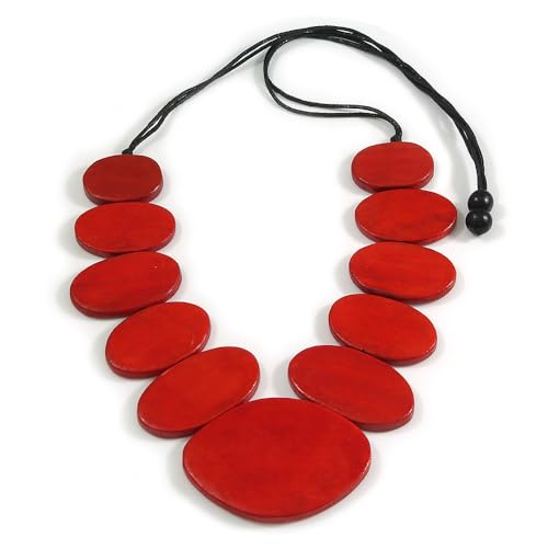 Avalaya Red Eco-Friendly Geometric Handmade Wooden Necklace with Black Adjustable Cotton Cord – V Shape, 80cm Max Length