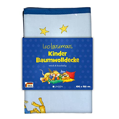 Leo Lausemaus Kinder Baumwolldecke, blau, 100 x 150 cm, Oeko-TEX® Zertifiziert - kuschelige, weiche Decke aus 100 % Baumwolle, trocknergeeignet - für Jungen und Mädchen Cover