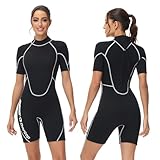 Owntop 3/2mm Shorty Neoprenanzug Damen - Rückenreißverschluss Wetsuit zum Tauchen Surfen, Kurzarm Tauchanzüge Stretch Neopren für Wassersport, Damen Schwarz XXL