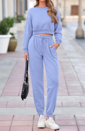 BTFBM Women 2 Piece Outfits Long Sleeve Crop Top Pullover Drawstring Pant Jogger Set Casual Sweatsuits Tracksuit Pockets(Light Blue, Small) — view 3