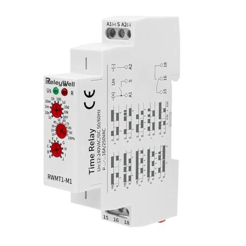 16A Multifunction Timer Relay with 10 Function Selections, 0.1 sec-10 Days, Delay Time Relay DIN Rail Mount Type, Off delay, Din Rail Timer, 12v, 24v, 120vac, Programmable (M1 AC/DC 12V-240V)
