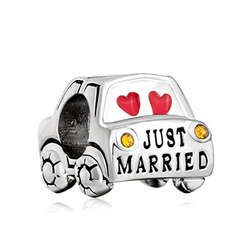 ReisJewelry Love Wedding Charm Just Married Bride&Groom Kiss Forever Toghter Charms Bead for Bracelet (Just Married Car)