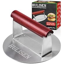 HULISEN 6.2" Stainless Steel Smashed Burger Press with Extra Wide Heat-Resistant Wood Handle, Burger Smasher for Flat Top Griddle, Grill, Skillet, Cast Iron Pan, Hamburger Cooking Accessories