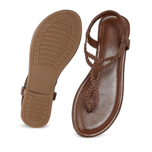 Image of iCKER Womens Braided T‑Strap Flat Sandals Elastic Stretch Ankle Strap | Boho cute casual lightweight and comfort matches dresses for beach vacation