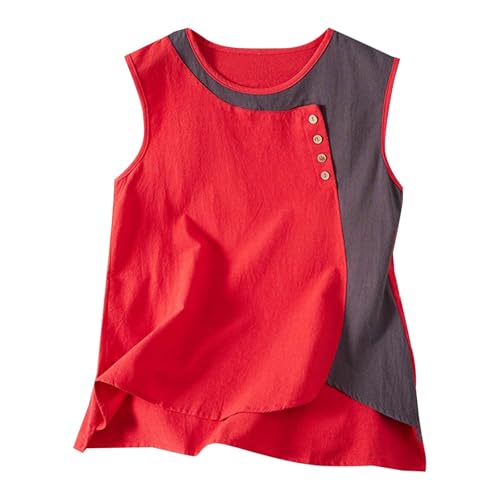 Camiseta sin mangas de lino y algodón para mujer, diseño retro bohemio con paneles de color de contraste, tela ligera y transpirable para días de playa y uso casual de verano, rosso, M