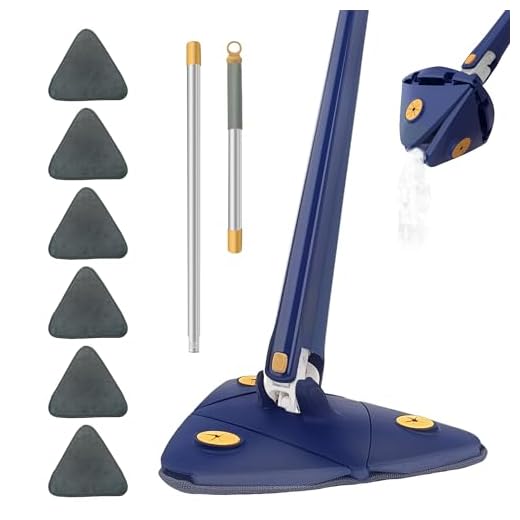 Mop Set 360° Rotatable Telescopic Adjustable Triangular Cleaning, 5 Replacement Washable Mop Pads Heads Microfibre, Wet Dry Shower Scrubber Wringer, Suitable All Floor Types for Wet Dry Use (Blue)