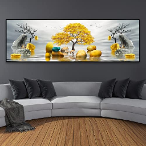 Impression sur toile paysage abstrait arbre doré et mur de pierre pour salon 60x180cm