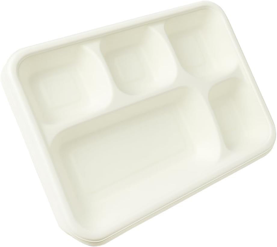 Best House EcoWise 100% Compostable and Biodegradable 5 Compartment Dinner Plates, 5CP Food Tray, Eco-Friendly Sugarcane Paper Trays (Pack of 250 PCS)