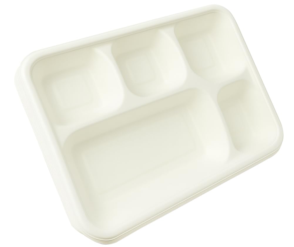 Best House EcoWise 100% Compostable and Biodegradable 5 Compartment Dinner Plates, 5CP Food Tray, Eco-Friendly Sugarcane Paper Trays (Pack of 250 PCS)