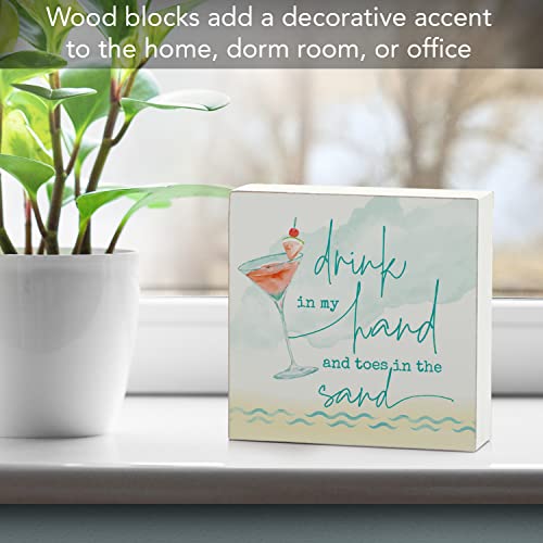 "Drink In My Hand And Toes In The Sand" Decorative Wood Block Sign 3.75" Square Made In The Usa #TOP1