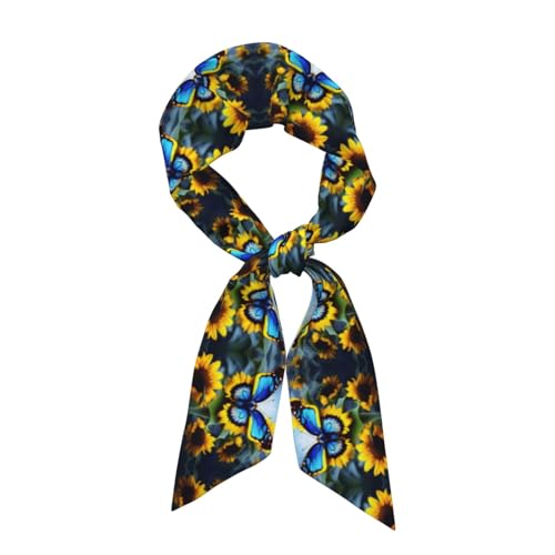 Sunflower Blue Butterfly printing Women's Fashion Scarf Silk Feeling Satin Head Scarf for Women Long silk (satin).