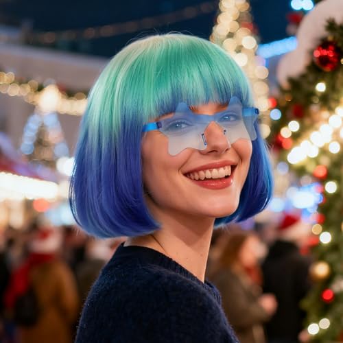 Image of ANOGOL Hair Cap + (Sunglasses) Teal to Blue Bob Wig with Bangs Womens Party Wigs with Star-Shaped Glasses Short Neon Wig Daily Party Fun Wigs Women Halloween Costume Bachelorette Hair