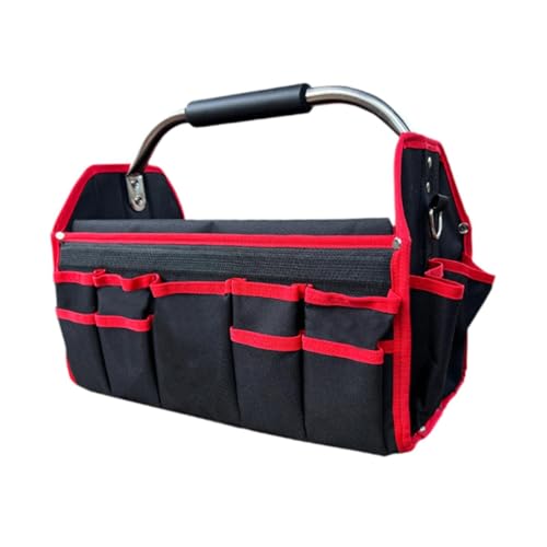 Benboo 16インチ折りたたみツール収納バッグ、オックスフォード布キャリーバッグ、多機能メタルキャリーハンドル、大工、軽量, 赤