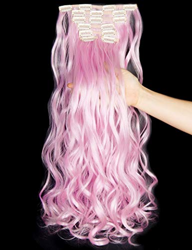 LELINTA 7Pcs 16 Clips 24 Inch Wavy Curly Full Head Clip in on Double Weft Hair Extensions Light Pink