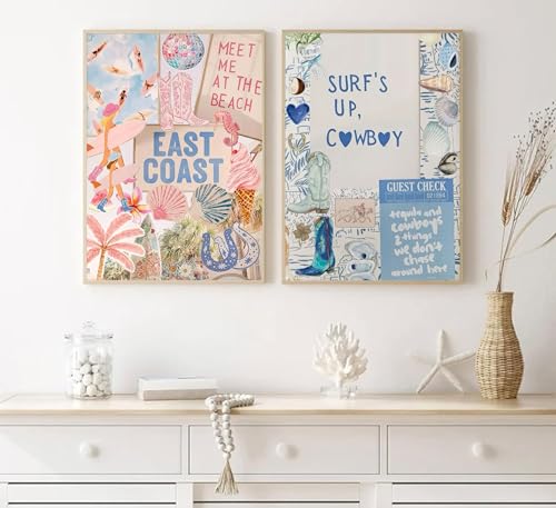 2PCS Pink And Blue Coastal Cowgirl Wall Art Surfboart Wall Decor Unframed by zxcvbn888 - Used condition - Image 4