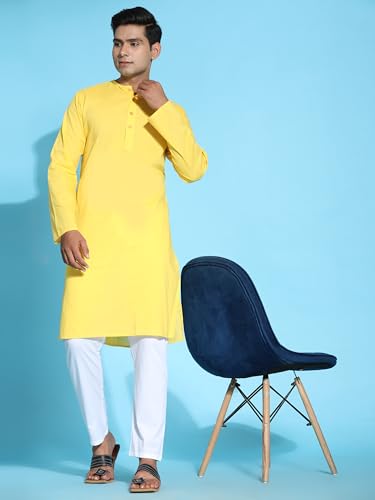 Image of Amazon Brand - Anarva Men's Cotton Solid Round Neck Kurta Long Sleeves Straight Knee Length Casual Shirt
