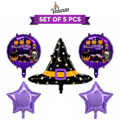Image of Halloween Balloon Set oF 5 Piece Witch Hat, Star and Round Balloons
