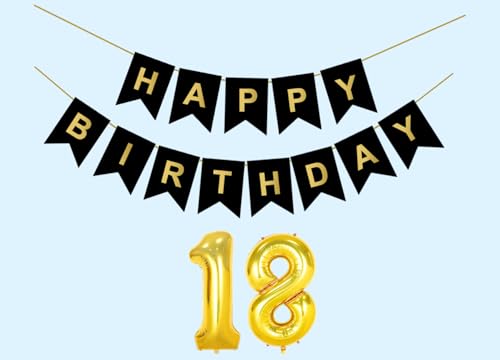 Image of Mystic Toy Store 18th Happy Birthday Decoration Kit Black for 18 year Old Boys Girls Teenage with Number EighteenParty Decorations Decor Celebration Items Item Set Combo Reusable Paper Banner