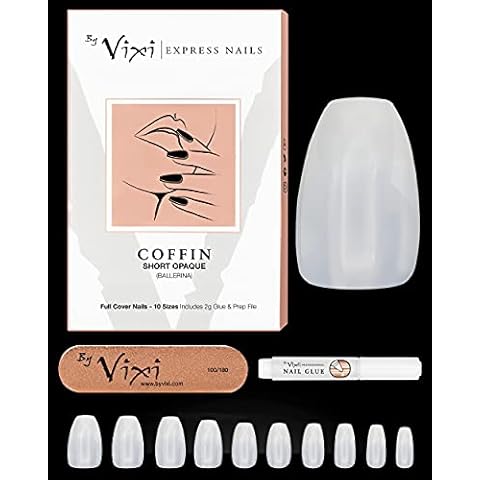 500-stück KURZ SARG/BALLERINA NAGEL-SET, GRATIS KLEBER UND VORBEREITUNGS FEILE, 10 Größen - Opak Express-Fingernagelverlän gerungen, vollabdeckung. Für Profis & den Heimgebrauch - By Vixi Cover