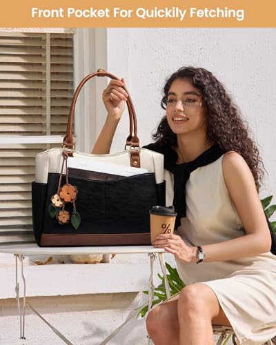 Image of LOVEVOOK Laptop Bag for Women, Original Vintage Work Tote Bag Computer Office Teacher Bag with Flower Pendant