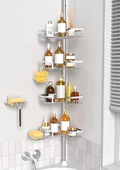 Foto di ZUNTO Telescopico Mensola Doccia Angolare per Bagno, 63,5-290cm Altezza Regolabile dal Pavimento al Soffitto, Portaoggetti Doccia Bagno Senza Foratura, Telescopico per Doccia con 2 Portasapone,Argento