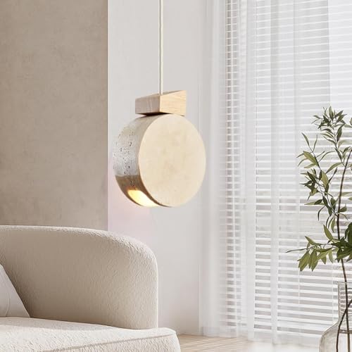 Lámparas colgantes wabi-sabi de travertino beige y madera para pasillos 3