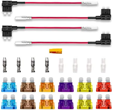BeiLan 12V 24V Standard Add-a-Circuit Fuse Tap, 4pcs ACU Medium Piggy Back Blade Fuse Holder with Wire Harness, 12pcs Fuse (3A 5A 7.5A 10A 15A 20A) and 1pcs Fuse Puller